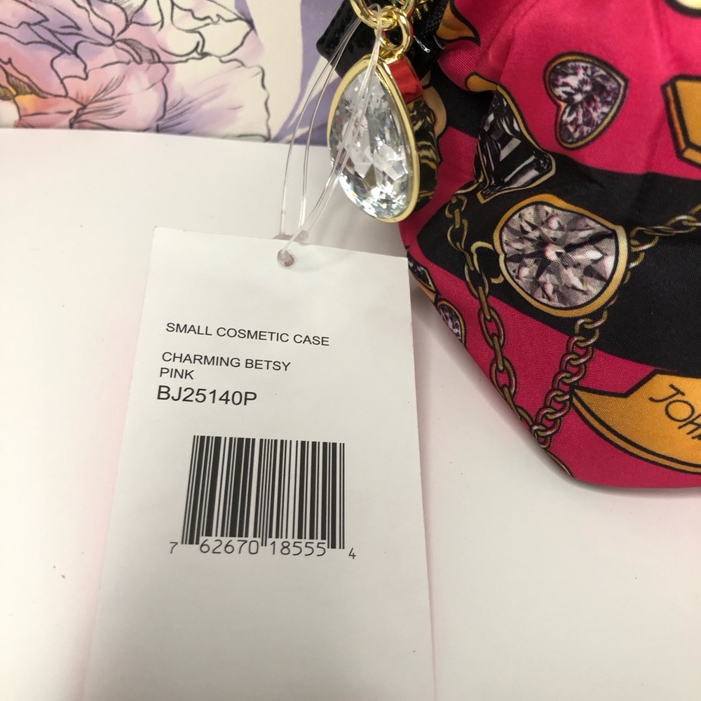 NEW Betsy Johnson Cosmetic Make up Travel Bag Pink Rose Jewelry Bling Zip Pouch - Picture 3 of 15